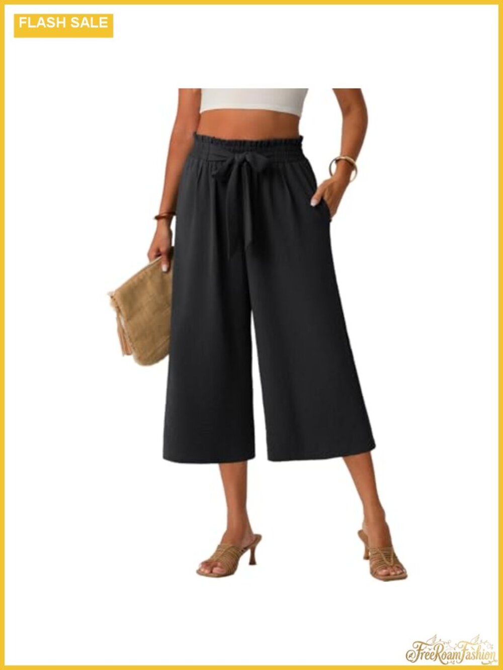 Womens High Waisted Wide Leg Capri Pants with Pockets